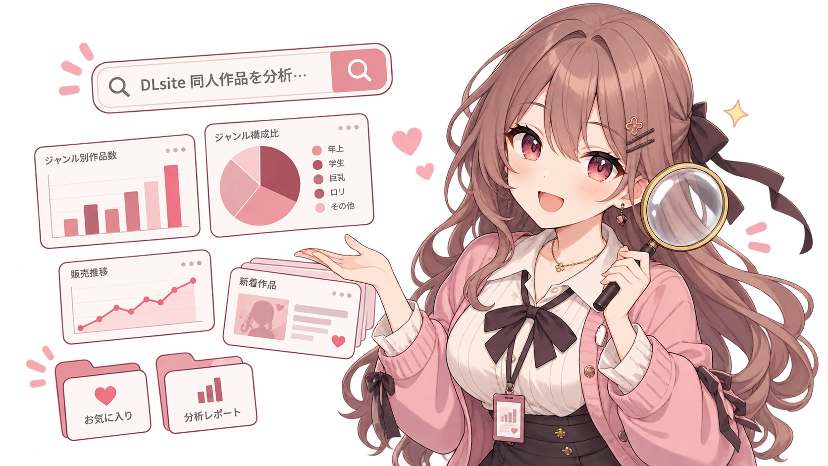 虫めがねを持った女の子が、ジャンル別作品数や販売推移のグラフを紹介しているイラスト